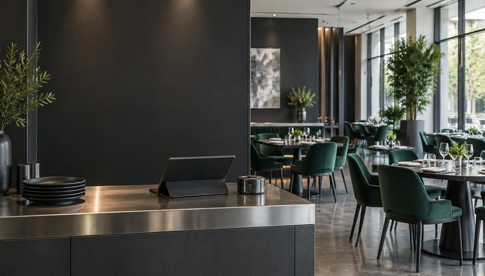 Restaurante contemporáneo con una tablet en el mostrador